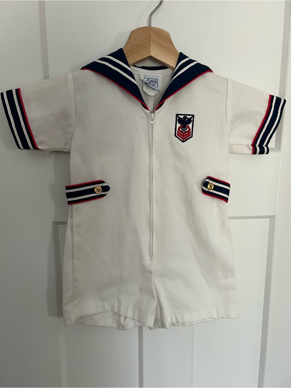 Vintage Classic White Sailor Romper with Navy Trim Gold Buttons: Size 24m